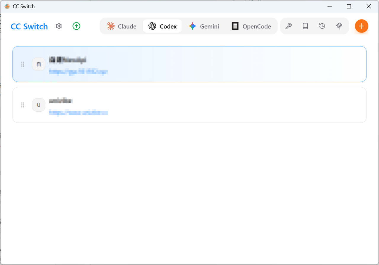 CC Switch 中的 Claude、Codex 和 Gemini 工具切换界面